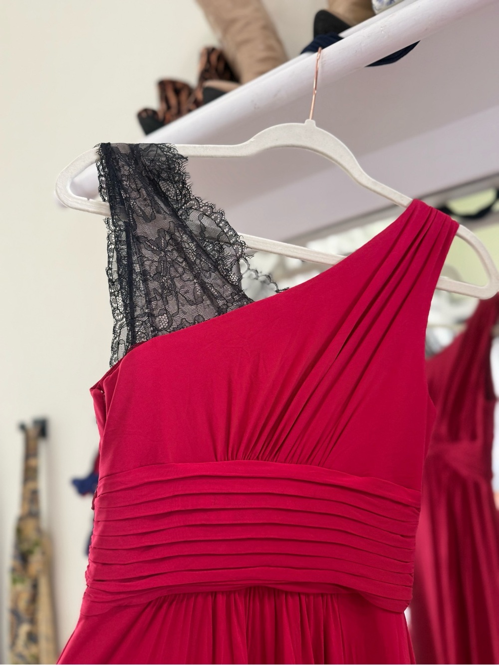 BCBGMaxAzria Fuchsia One-Shoulder Gown with Black Lace - Picture 2 of 4